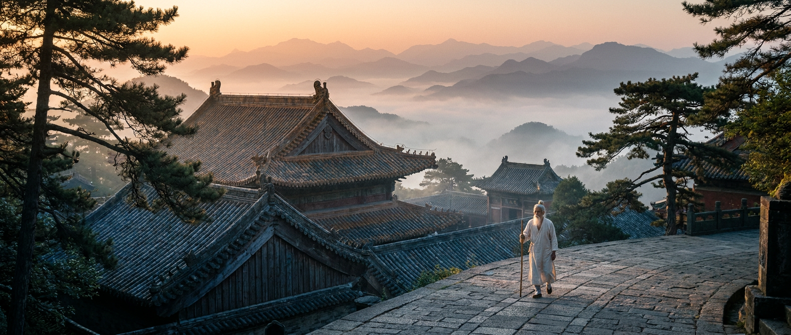 Ancient Wudang Mountain Taoist temple complex at dawn, layered misty peaks, Shifu small in frame walking the temple path