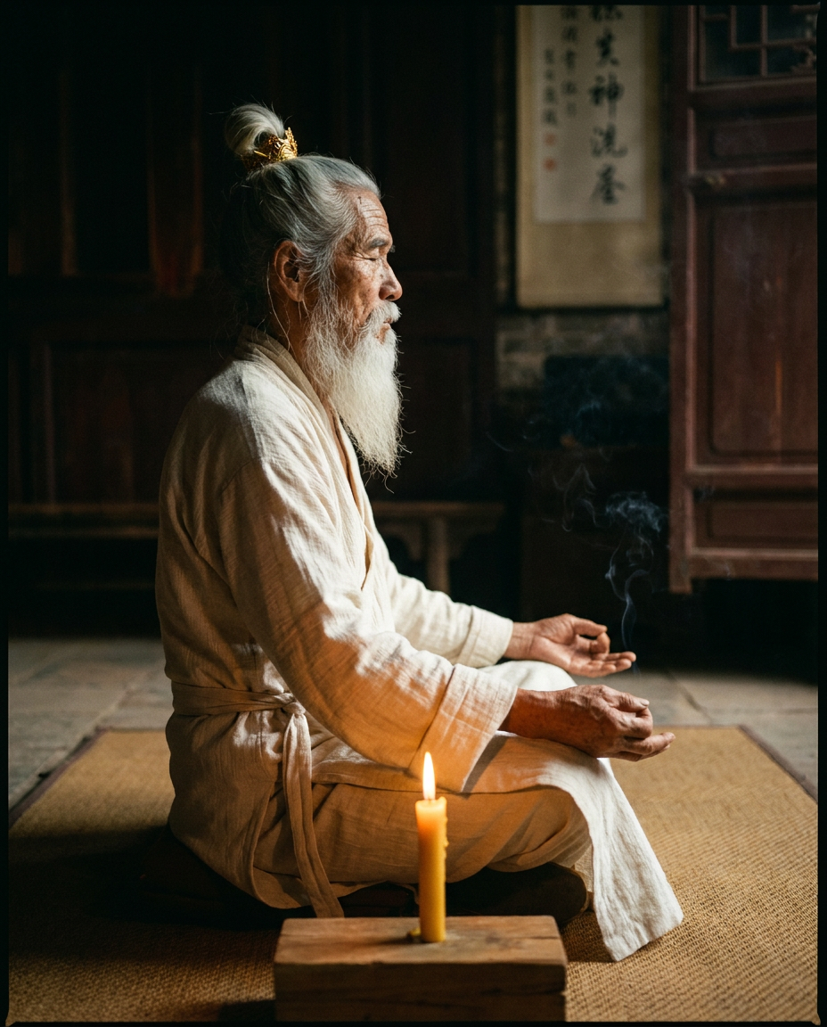 Shifu Bai in deep seated meditation, side profile, single candle, eyes closed, complete stillness inside an ancient Wudang temple chamber at night