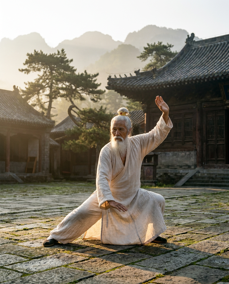 Shifu Bai mid-Tai-Chi-form alone in a Wudang temple courtyard at dawn, soft early light, no audience