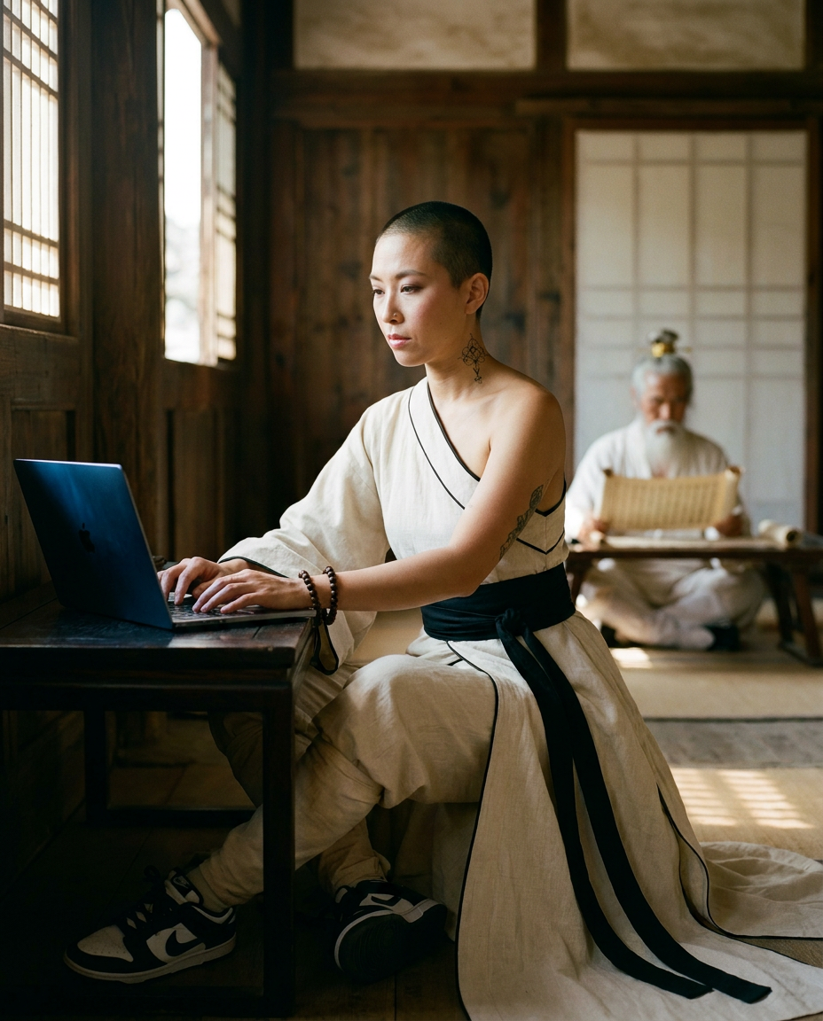 Ada Lin — Chinese-American, late 20s, buzz cut, in flowing hanfu-streetwear robe (LOOK_03), working at a laptop in a Wudang side hall, focused on the screen, Shifu visible in soft background