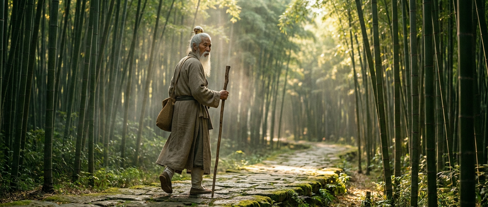 Shifu Bai walking through an ancient bamboo grove at the foot of the Wudang Mountains, mid-stride on a weathered stone path with a wooden walking staff in his right hand, Travel register layered earth-tone linen wardrobe with traveling bag, soft warm morning light filtering through the upper canopy with visible god-rays, mist drifting through the lower trunks