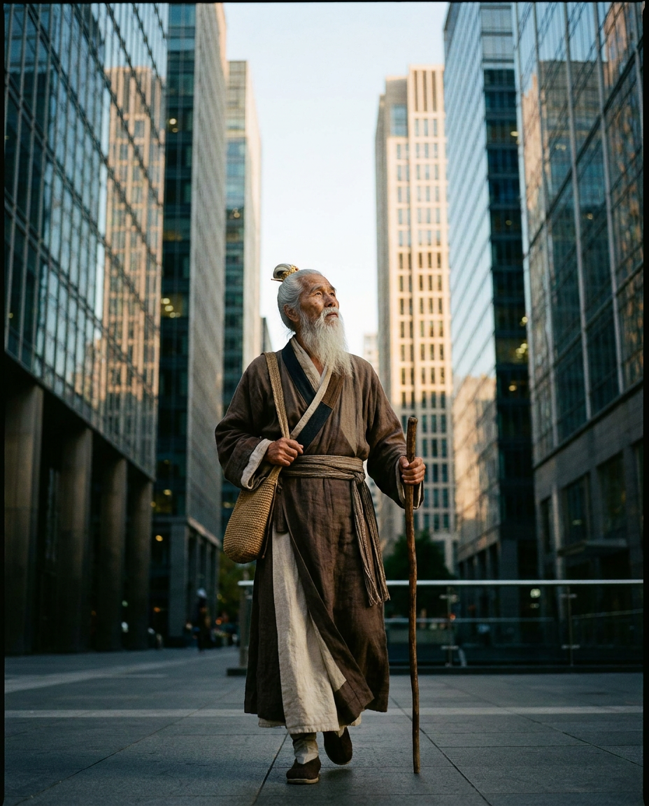 Shifu Bai walking through a modern downtown financial district at late afternoon, glass office towers around him, Travel register wardrobe with walking staff
