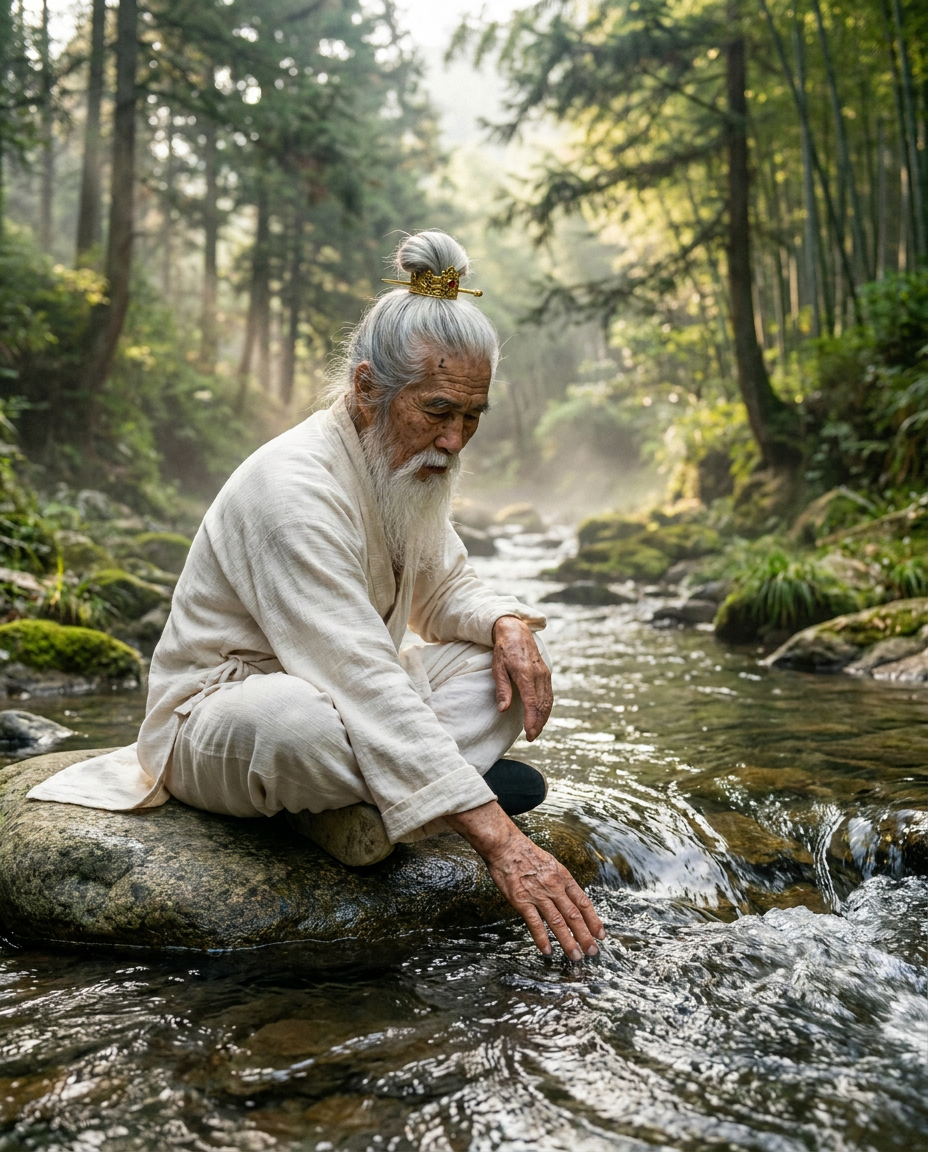 Shifu Bai seated beside a flowing mountain stream in a forest, hand resting in the water, watching the current pass