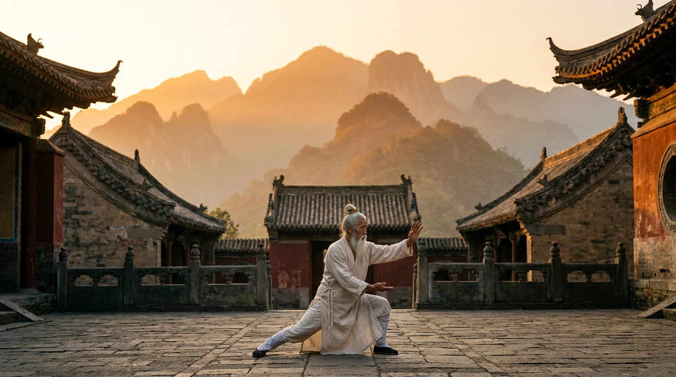 Shifu Bai standing alone in a Wudang temple courtyard at sunset, deep in a classical Kung Fu stance, layered misty mountain peaks behind