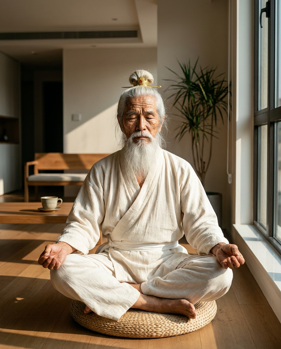 Shifu Bai seated cross-legged on a low woven meditation cushion in a sunlit modern minimalist apartment, hands palms-up on knees in classical mudra, eyes softly closed in deep stillness, white linen Temple register robe, soft warm window light from camera-right