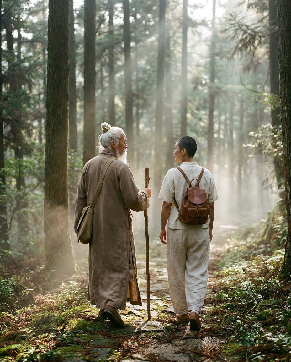 Shifu Bai and Ada Lin walking together on a misty forest path, Shifu in Travel register earth-tone linen with traveling bag and wooden walking staff in his right hand, Lin with very short buzzed dark hair carrying a leather backpack, soft directional morning light filtering through tall pines as visible god-rays, both quiet