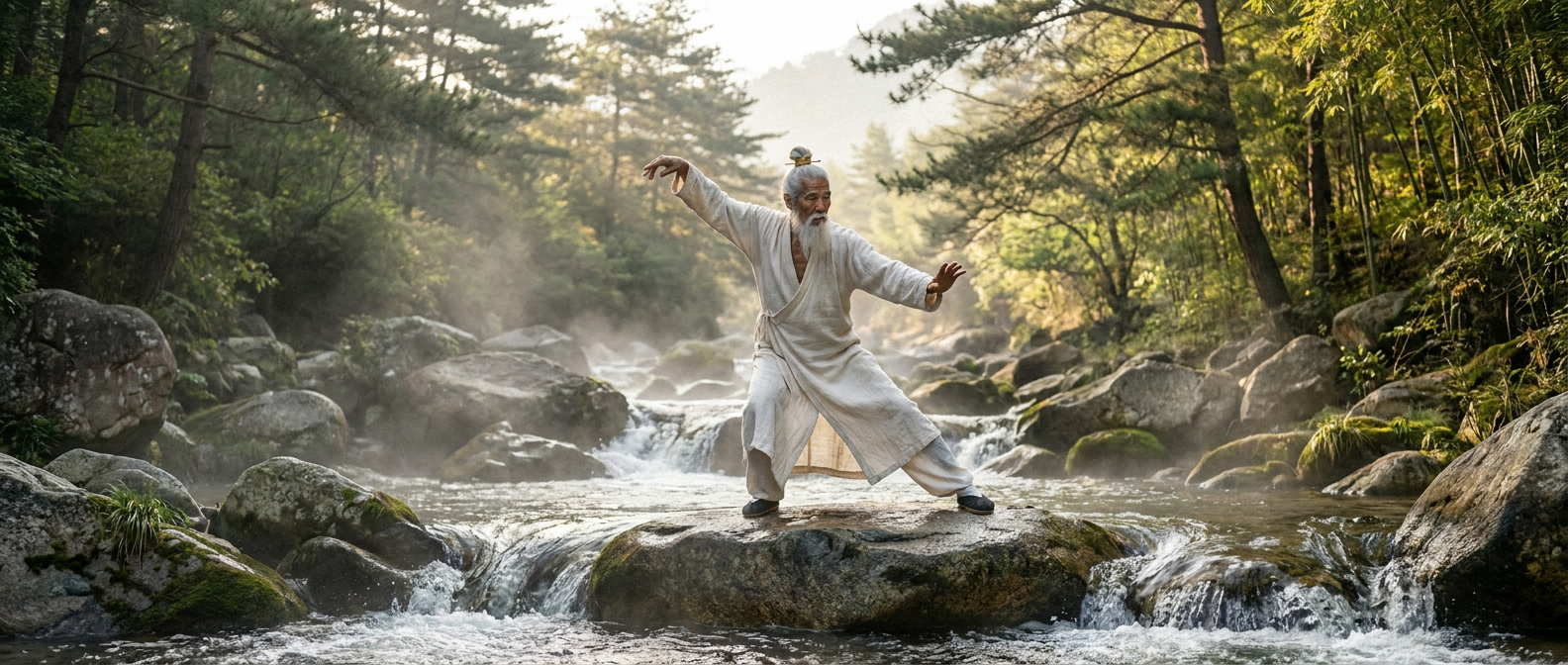 Shifu Bai standing on a smooth river stone in a flowing Wudang mountain stream, performing a classical Tai Chi pose mid-form with arms extended in flowing motion, lush forest banks and morning mist, the visual definition of Wu Wei