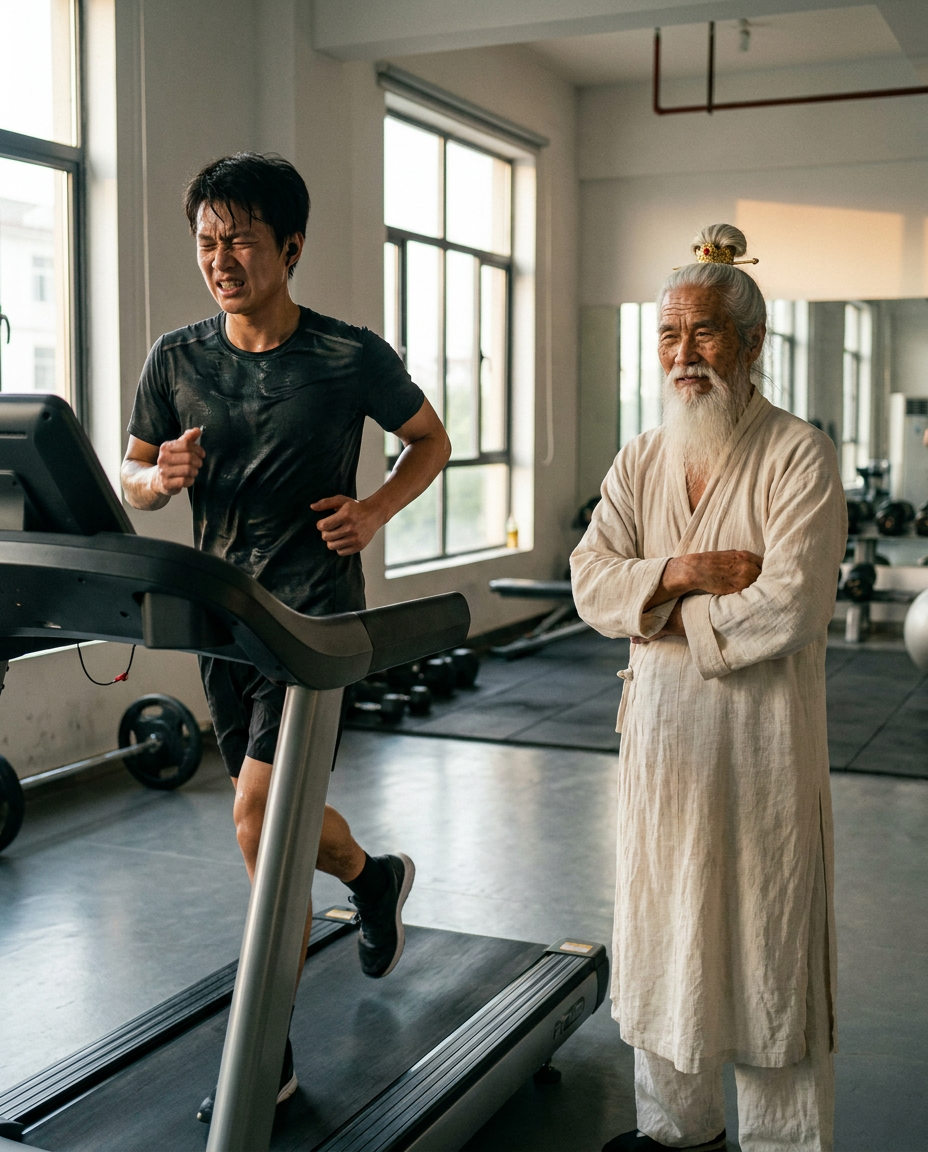 A person running hard on a treadmill in a modern minimalist gym, sweat visible, strained effort, Shifu Bai standing nearby in white linen robes with arms folded and a slight knowing expression