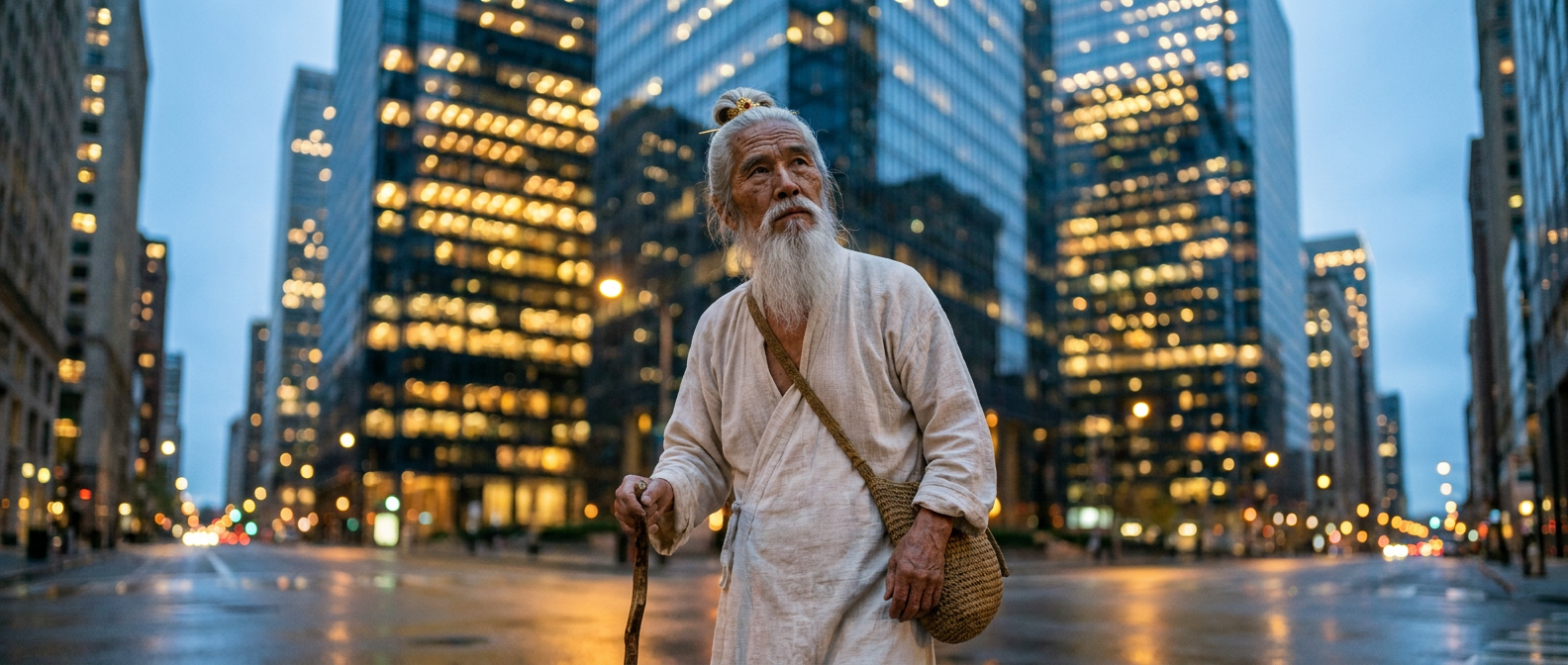 Shifu Bai walking the center of an empty street at twilight in a modern downtown city office canyon, head tilted up at the towering glass-and-steel buildings, hundreds of lit windows above blooming into bokeh, Travel register wardrobe with walking staff — shot Leica SL2-S 35mm f/1.2 with shallow depth of field, sharp on Shifu, soft creamy background
