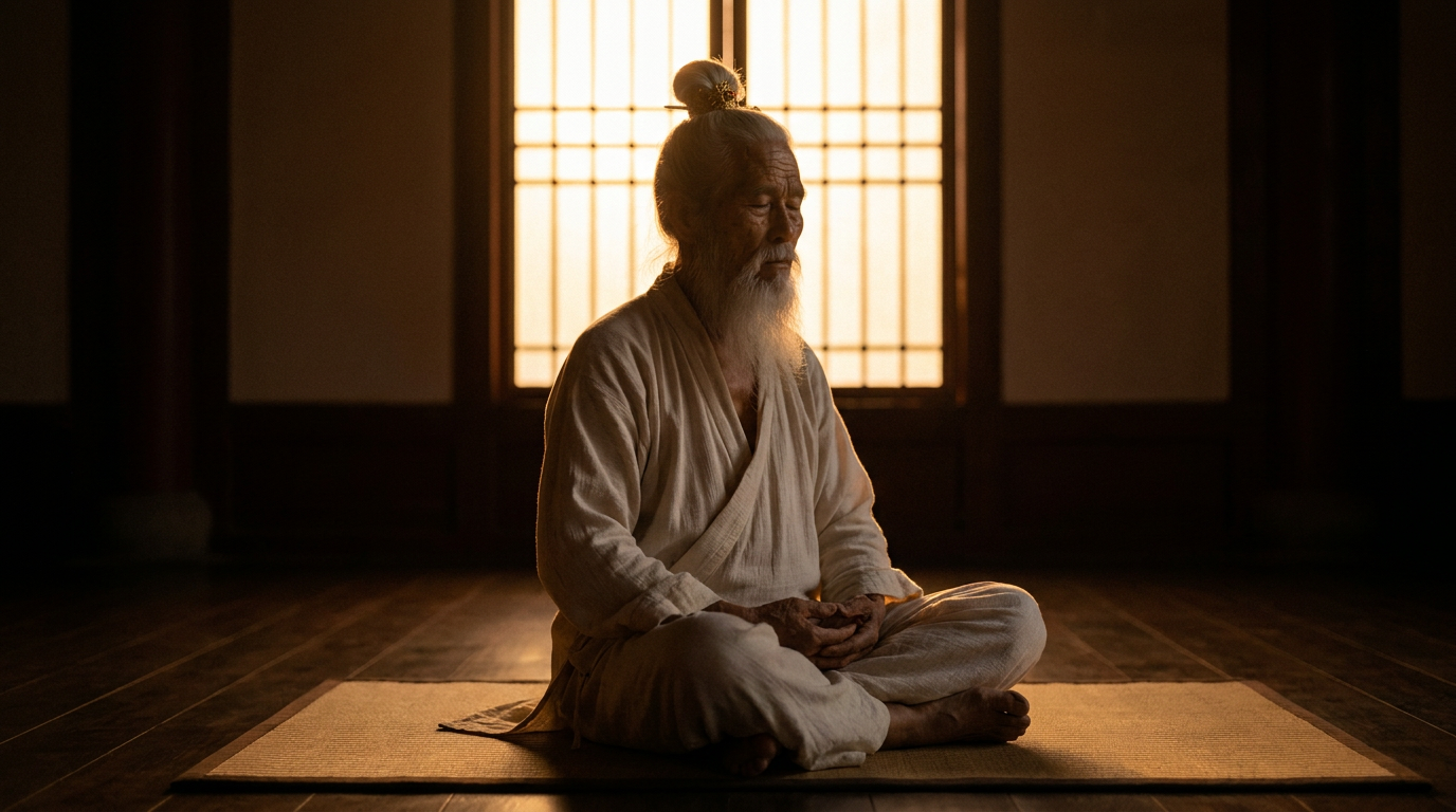Shifu Bai seated in lotus position with eyes closed, near-silhouette against a paper-screen window flooded with warm dawn light, deep warm shadow temple chamber